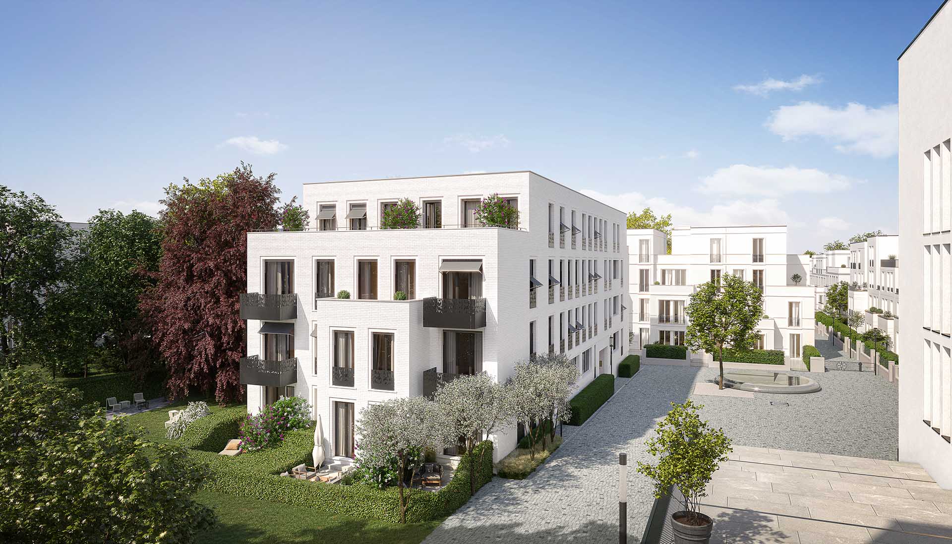 Visualisierung der SOPHIE mit Dachgeschoss und Blick über den Quartiersplatz – Sophie Penthouse