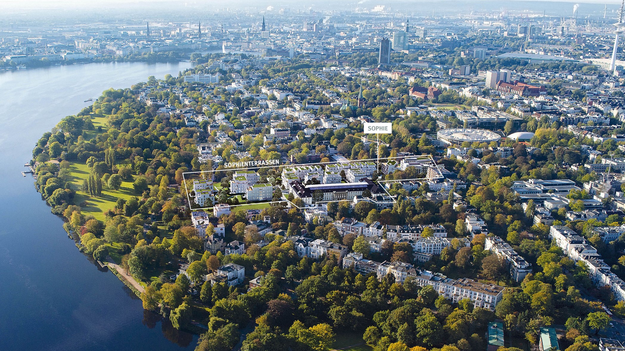 Luftbild von Harvestehude mit markierter Lage der Sophienterrassen und der SOPHIE