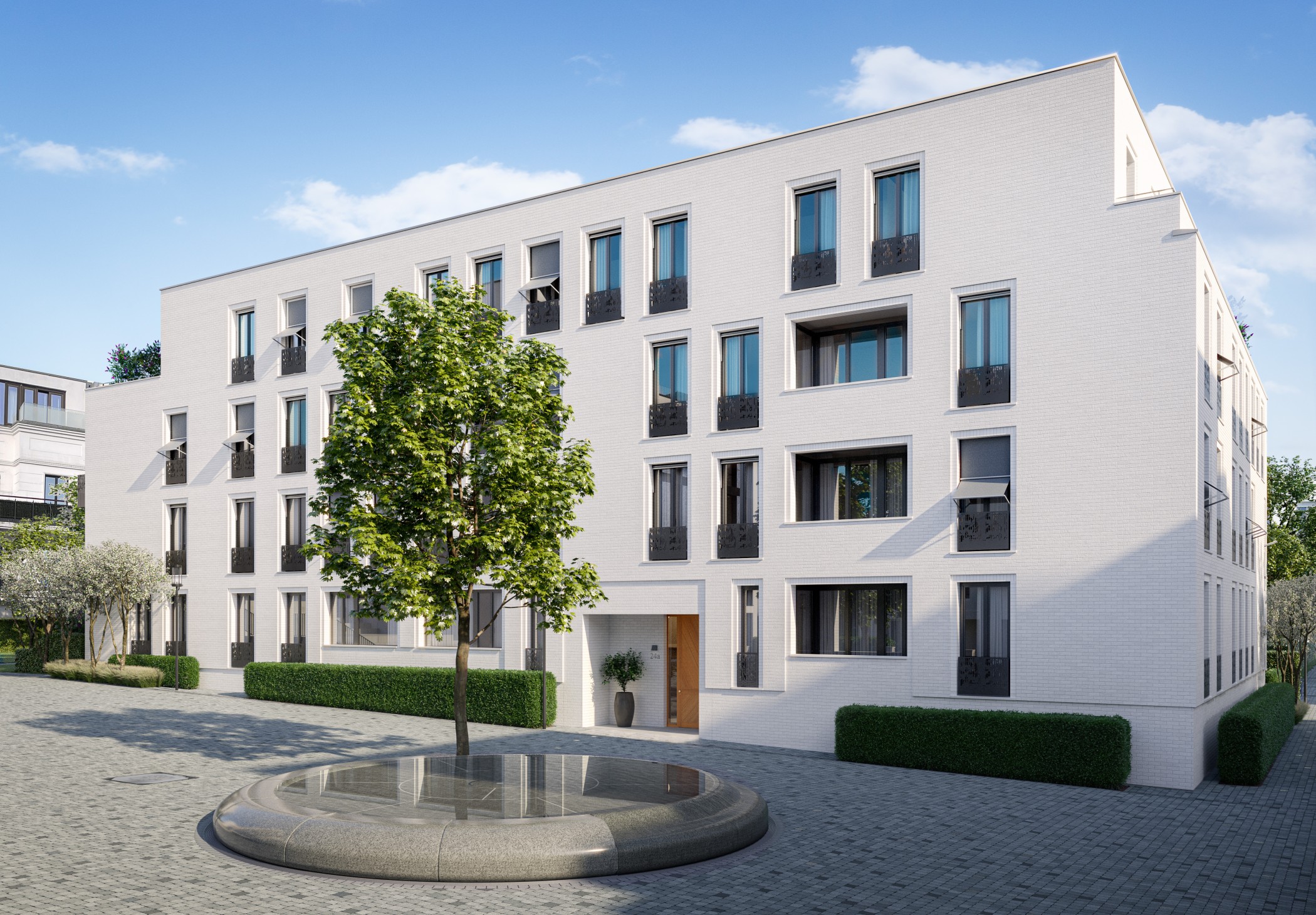 Hochwertiges Rendering der Sophie mit Brunnen und Eingangsbereich