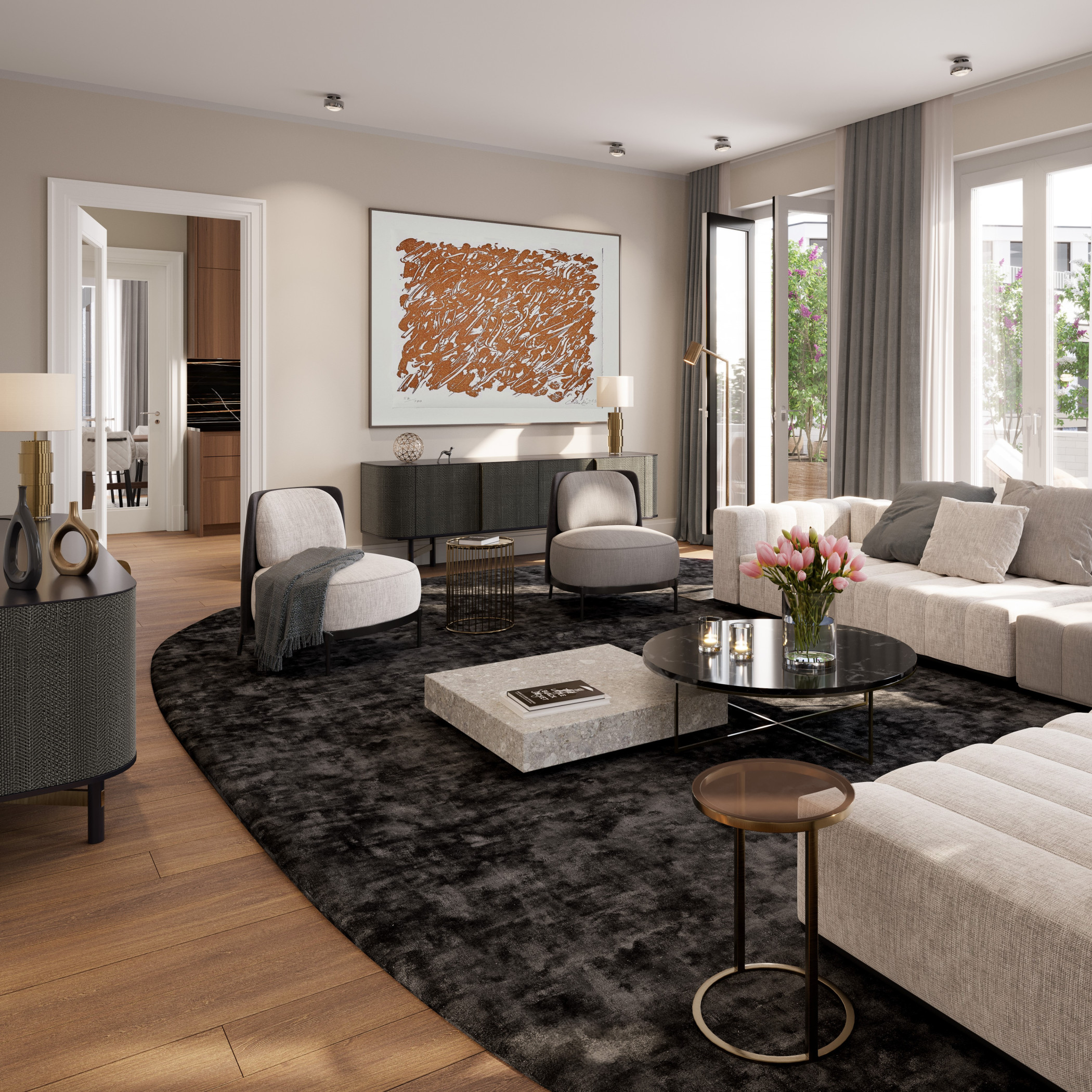 Hochwertig eingerichtetes Wohnzimmer in der Sophie in Hamburg