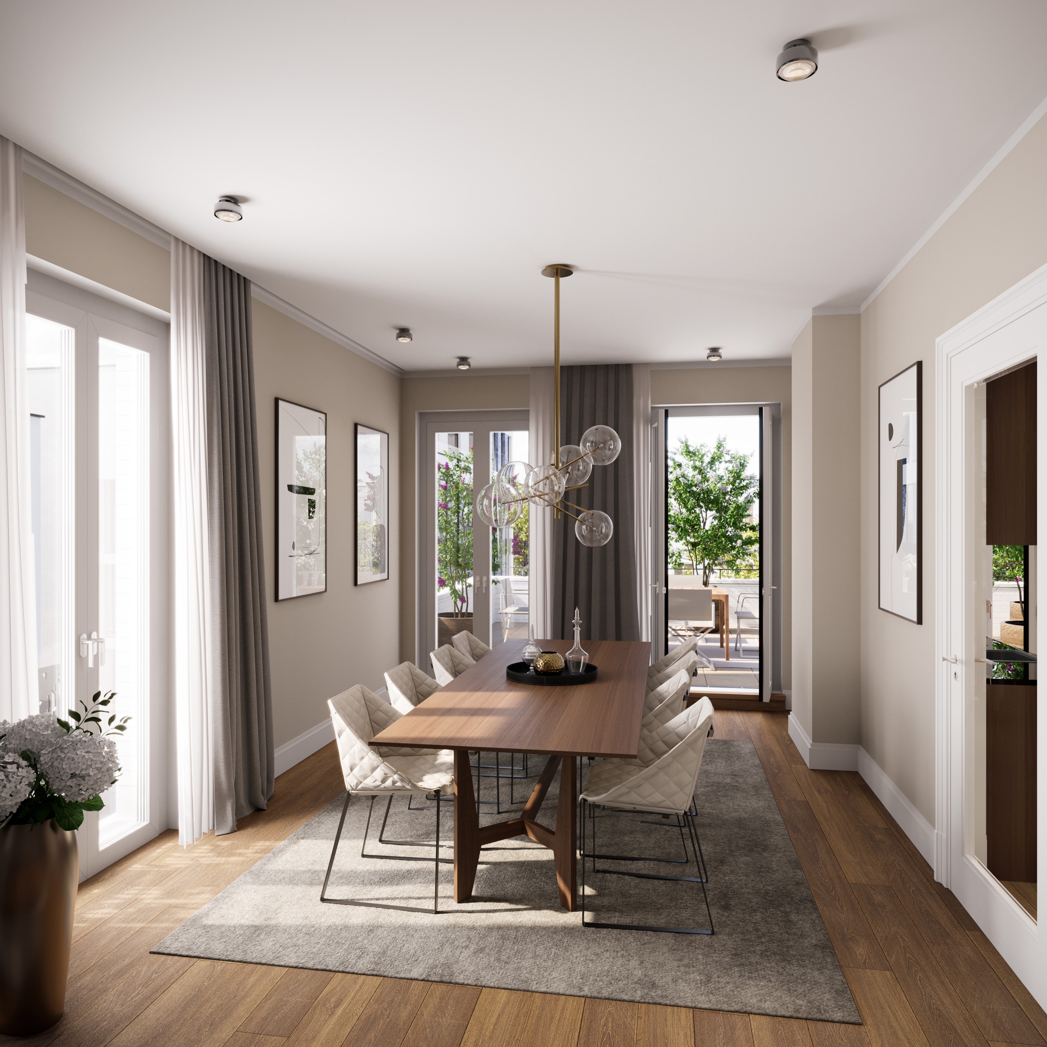 3D Visualisierung des Esszimmers des Penthouses in der Sophie in den Sophienterassen in Hamburg Harvestehude.