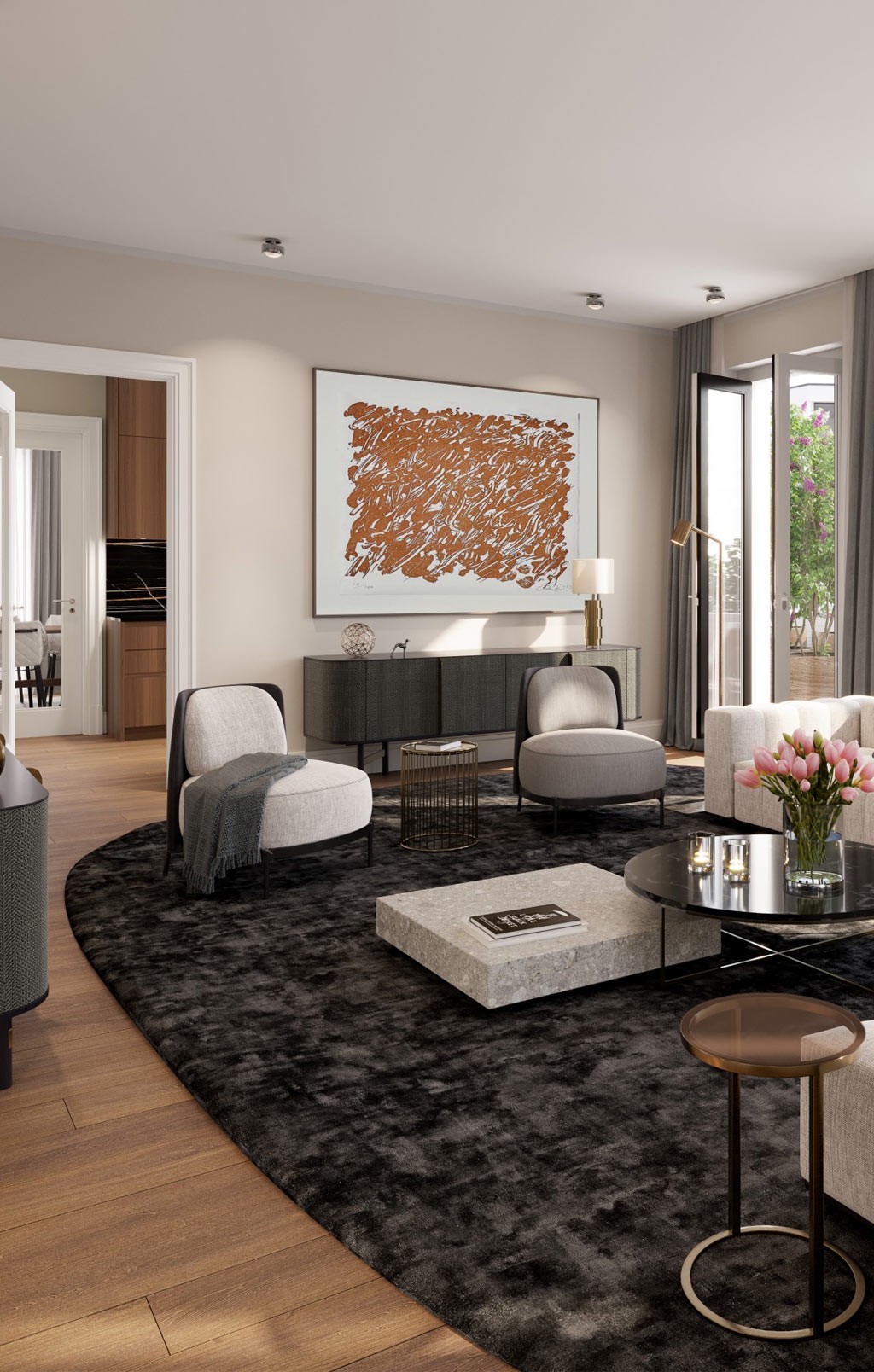 3D Visualisierung des Wohnzimmers des Penthouses in der Sophie in den Sophienterassen in Hamburg Harvestehude.