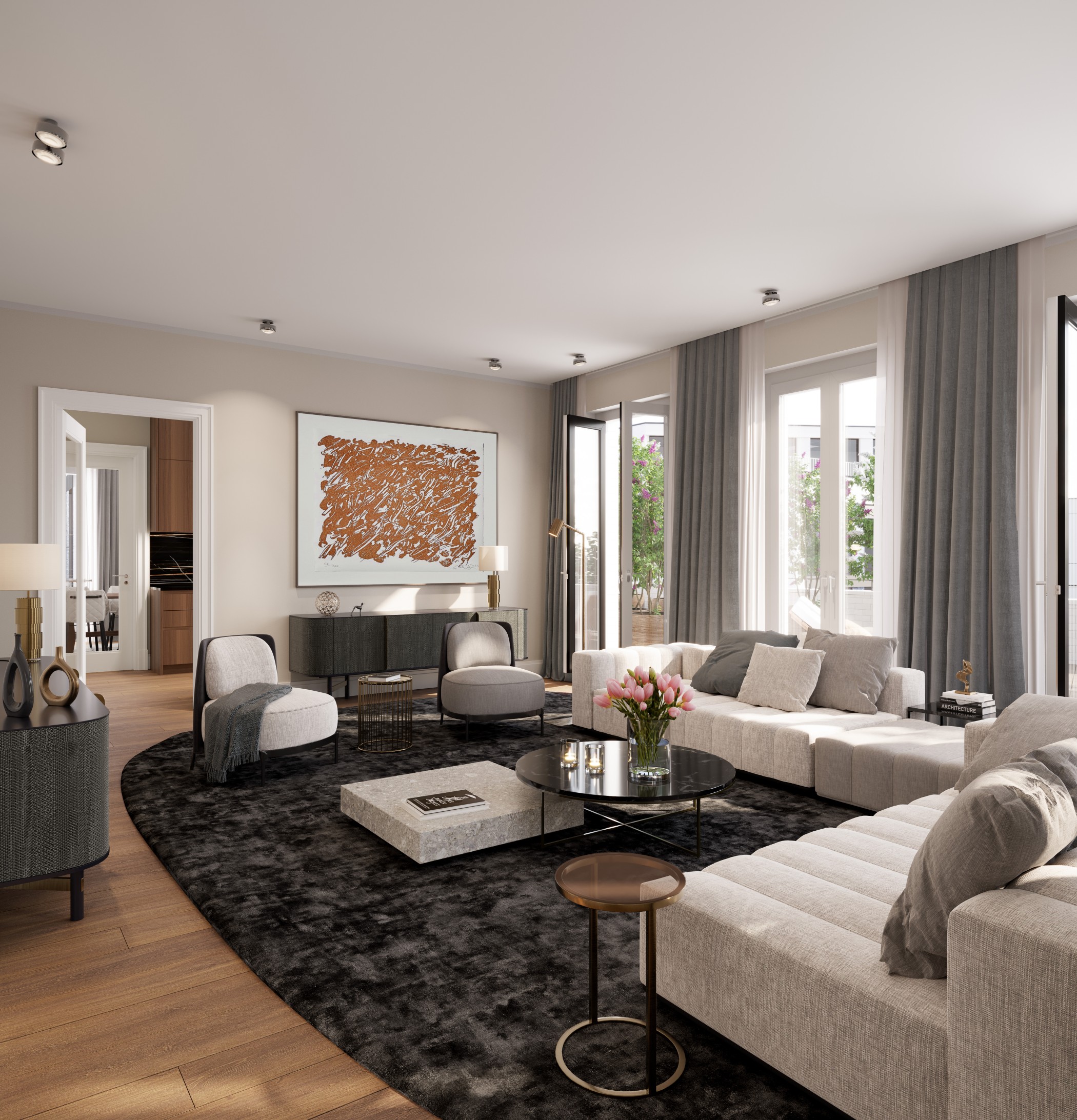 3D Visualisierung des Wohnzimmers des Penthouses in der Sophie in den Sophienterassen in Hamburg Harvestehude.