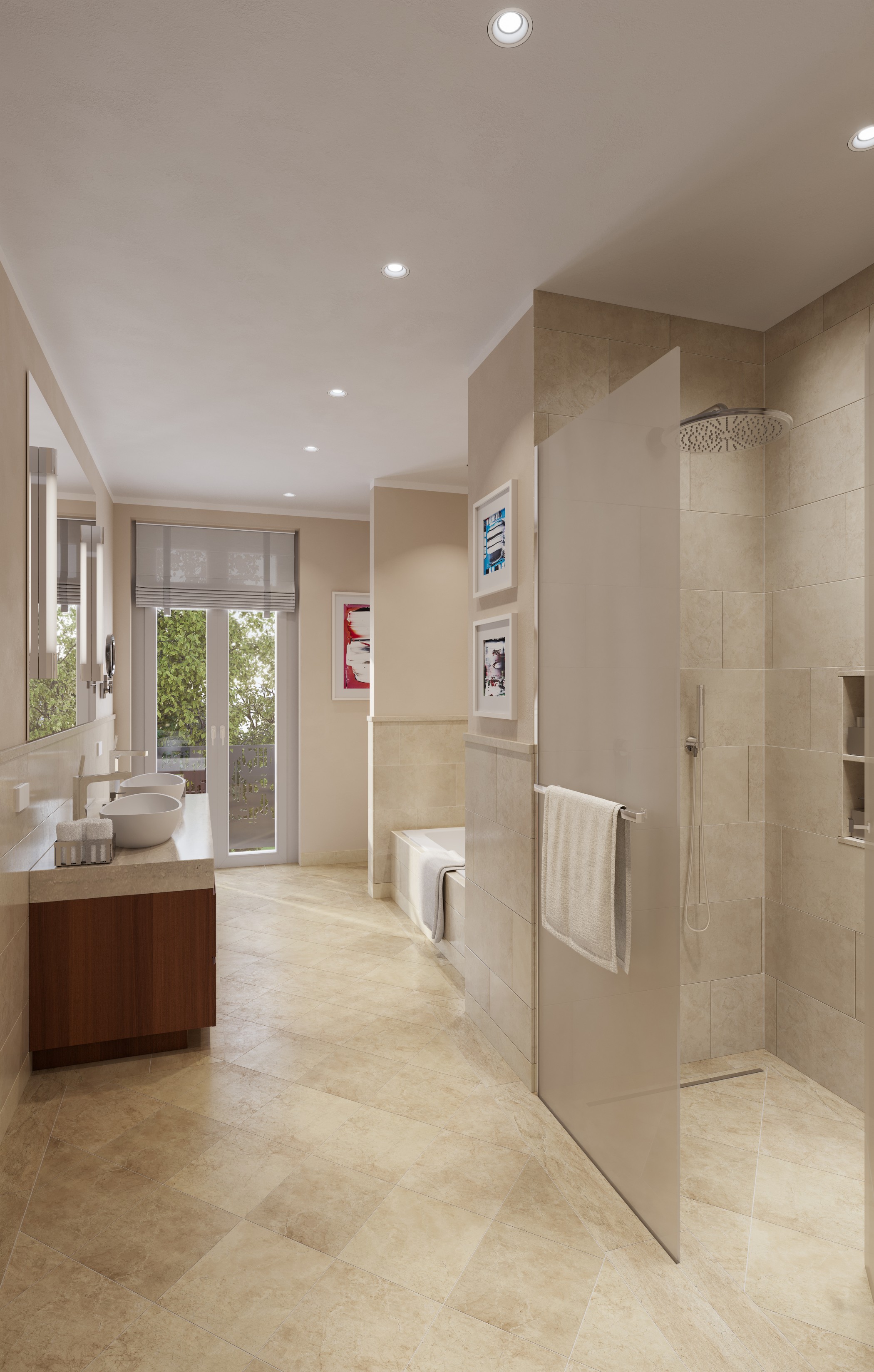 3D Visualisierung des Badezimmers des Penthouses in der Sophie in den Sophienterassen in Hamburg Harvestehude.