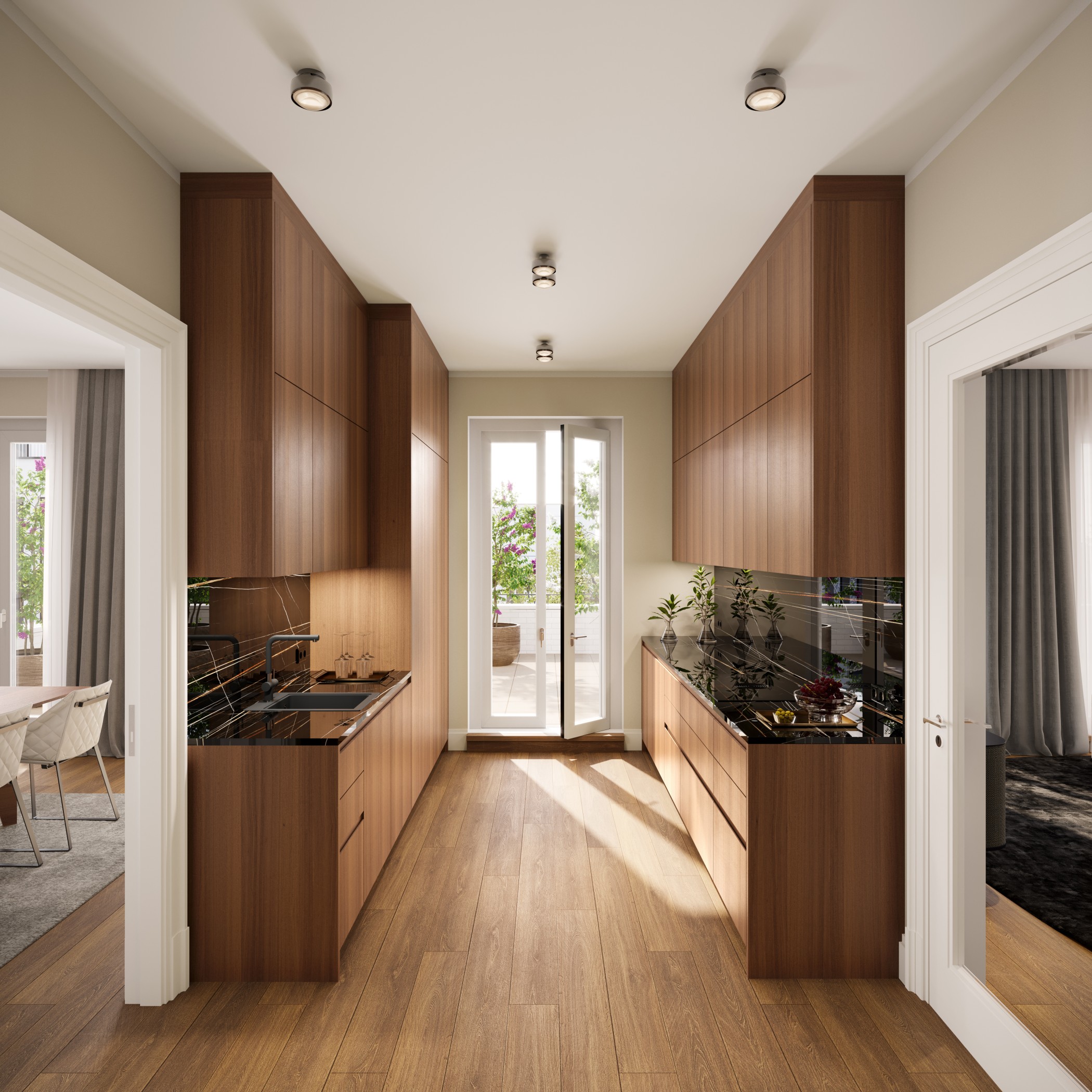 3D Visualisierung der Küche des Penthouses in der Sophie in den Sophienterassen in Hamburg Harvestehude.