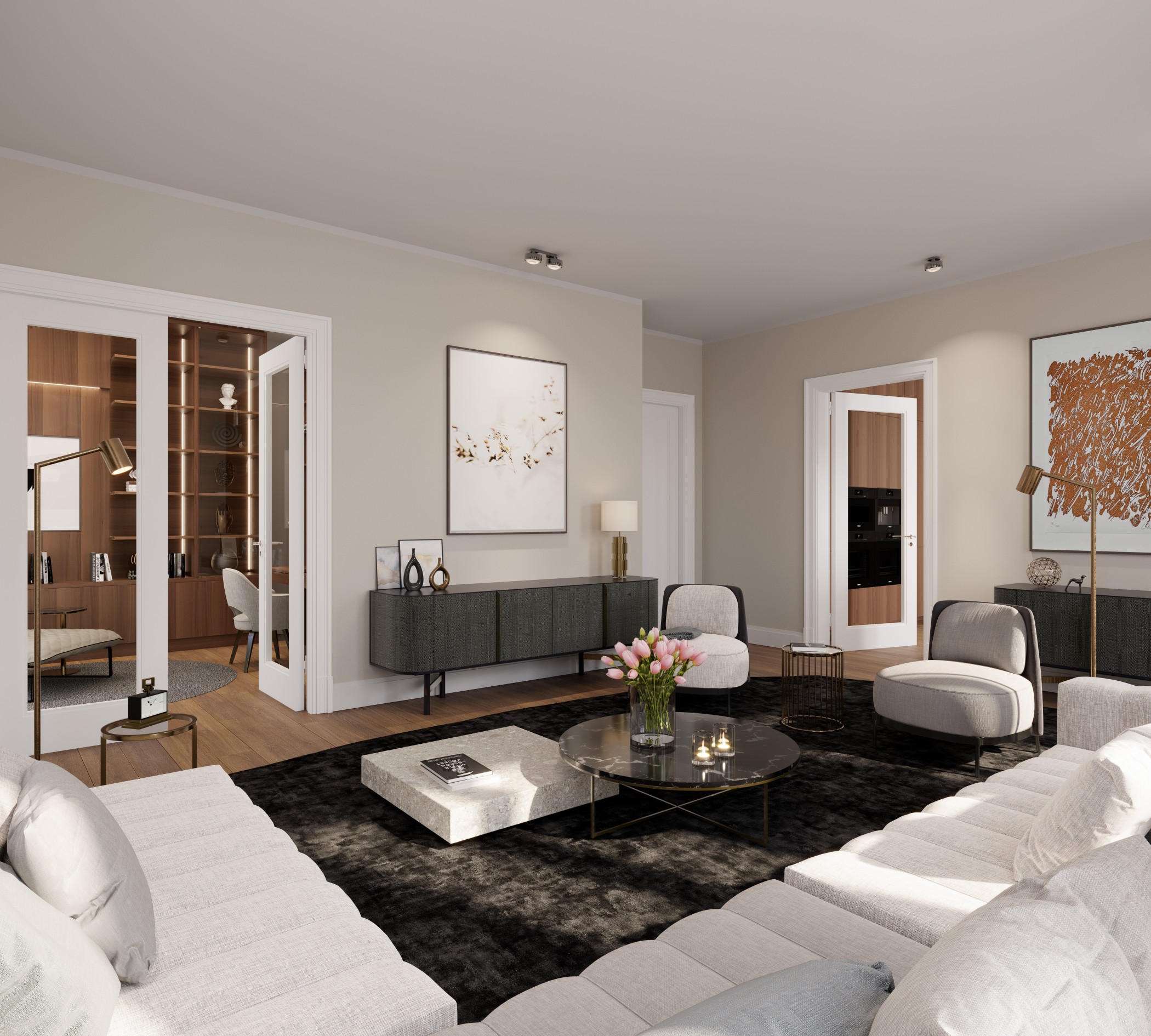 3D Visualisierung des Wohnzimmers und des Büros des Penthouses in der Sophie in den Sophienterassen in Hamburg Harvestehude.