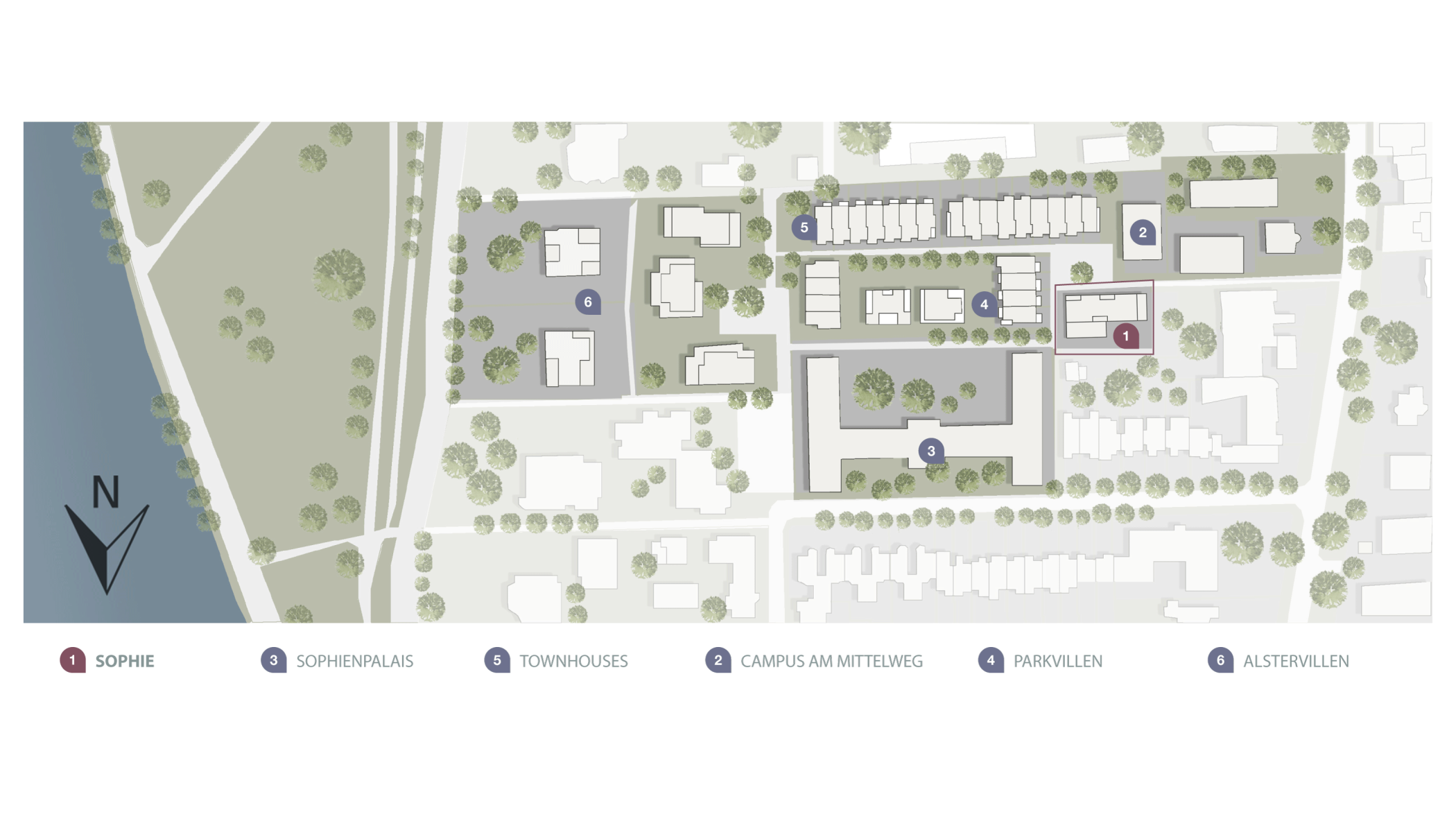 Site plan of the Sophienterrassen with SOPHIE, Sophienpalais, townhouses, Campus am Mittelweg, park villas and Alster villas