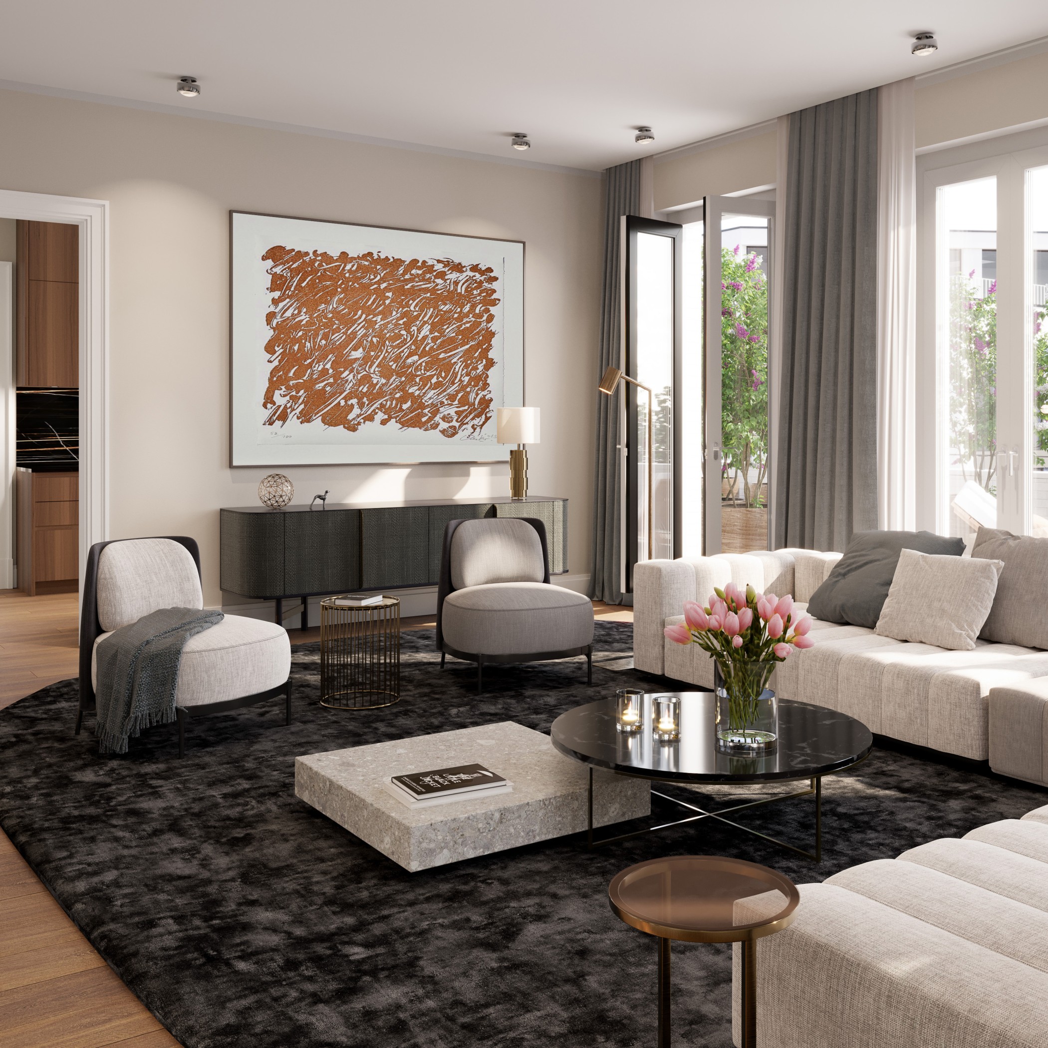 Hochwertig eingerichtetes Wohnzimmer in der Sophie in Hamburg