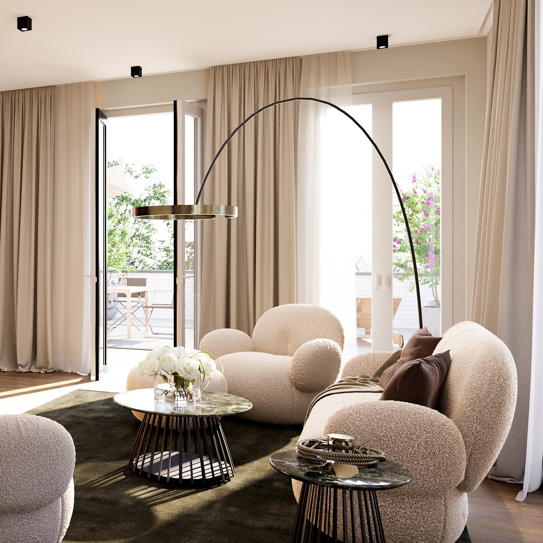 Ein stilvoll eingerichtetes Wohnzimmer in der Wohnung 31 in der Sophie in den Sophienterrassen