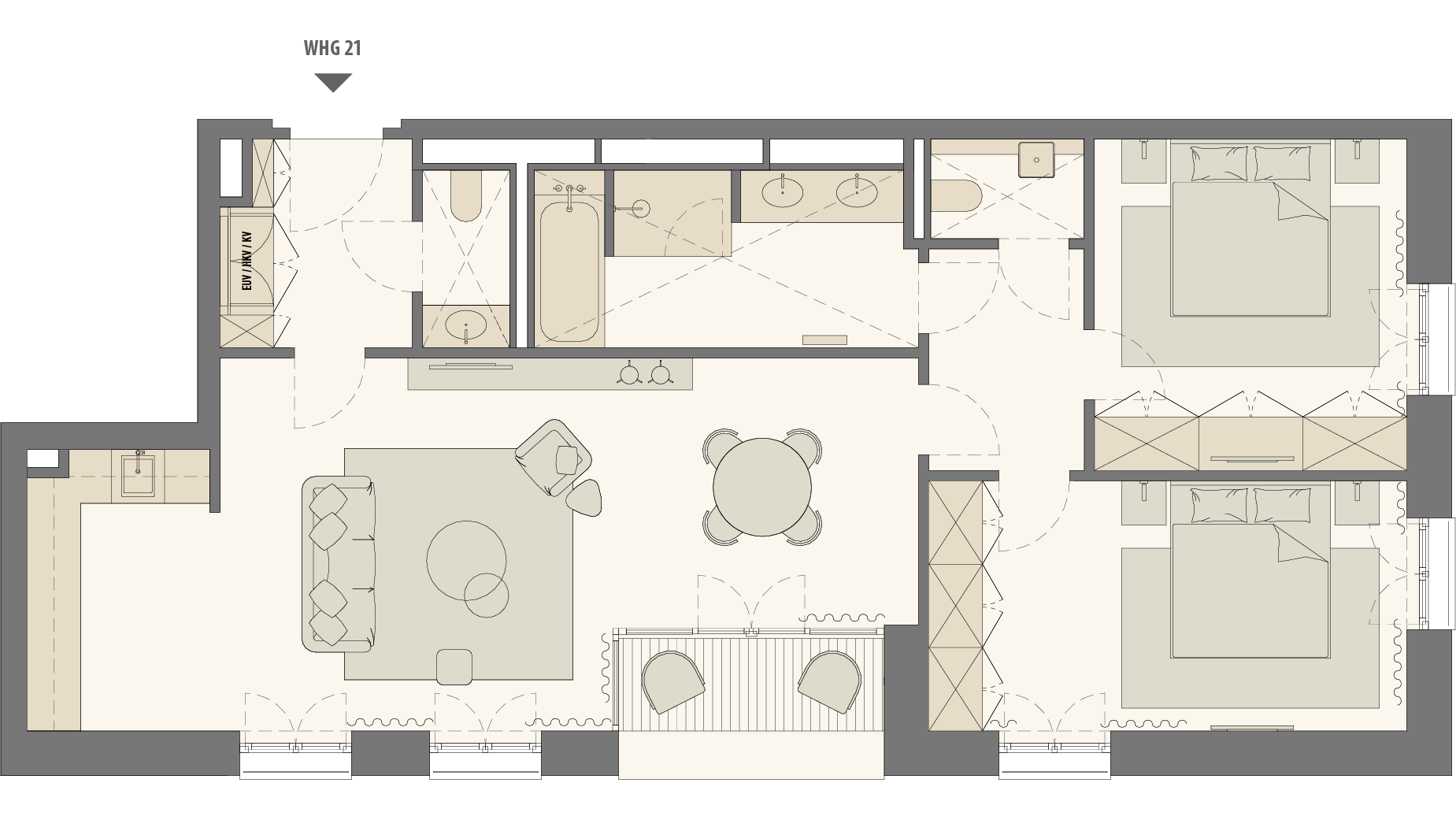 Ein Grundriss einer 3 Zimmer Wohnung in der Sophie in Hamburg