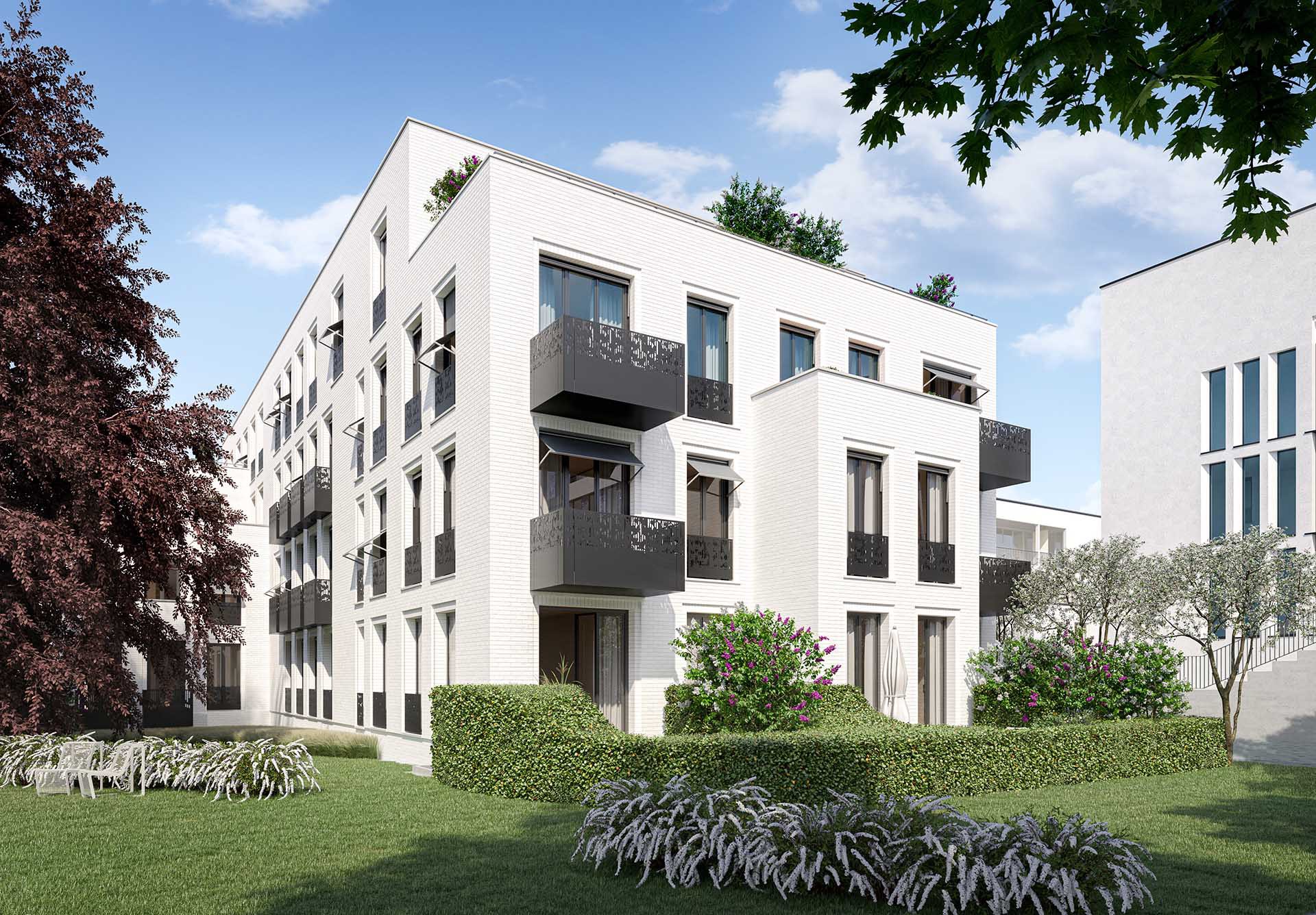 Visualisierung der Gartenseite der SOPHIE mit Balkonen – Garden Residence