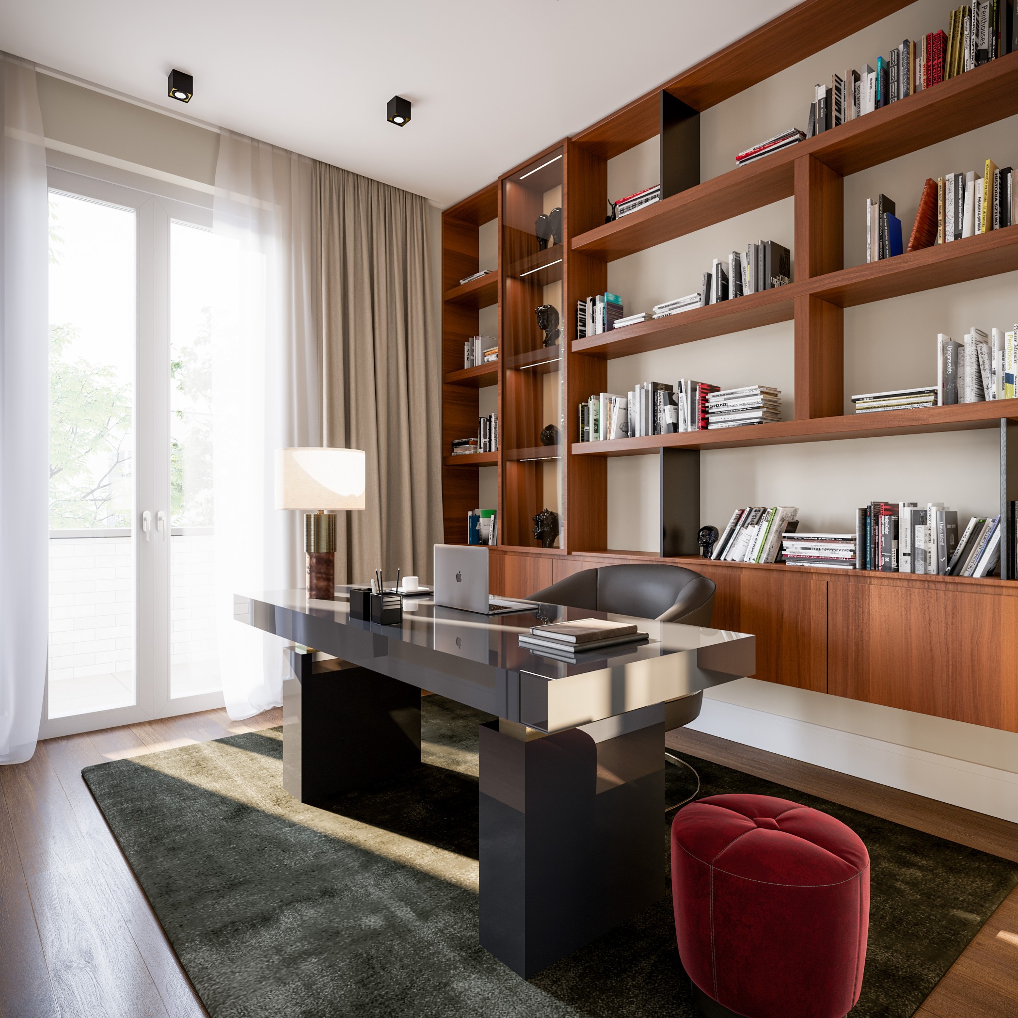 Visualisation of a furnished study with bookshelves at SOPHIE
