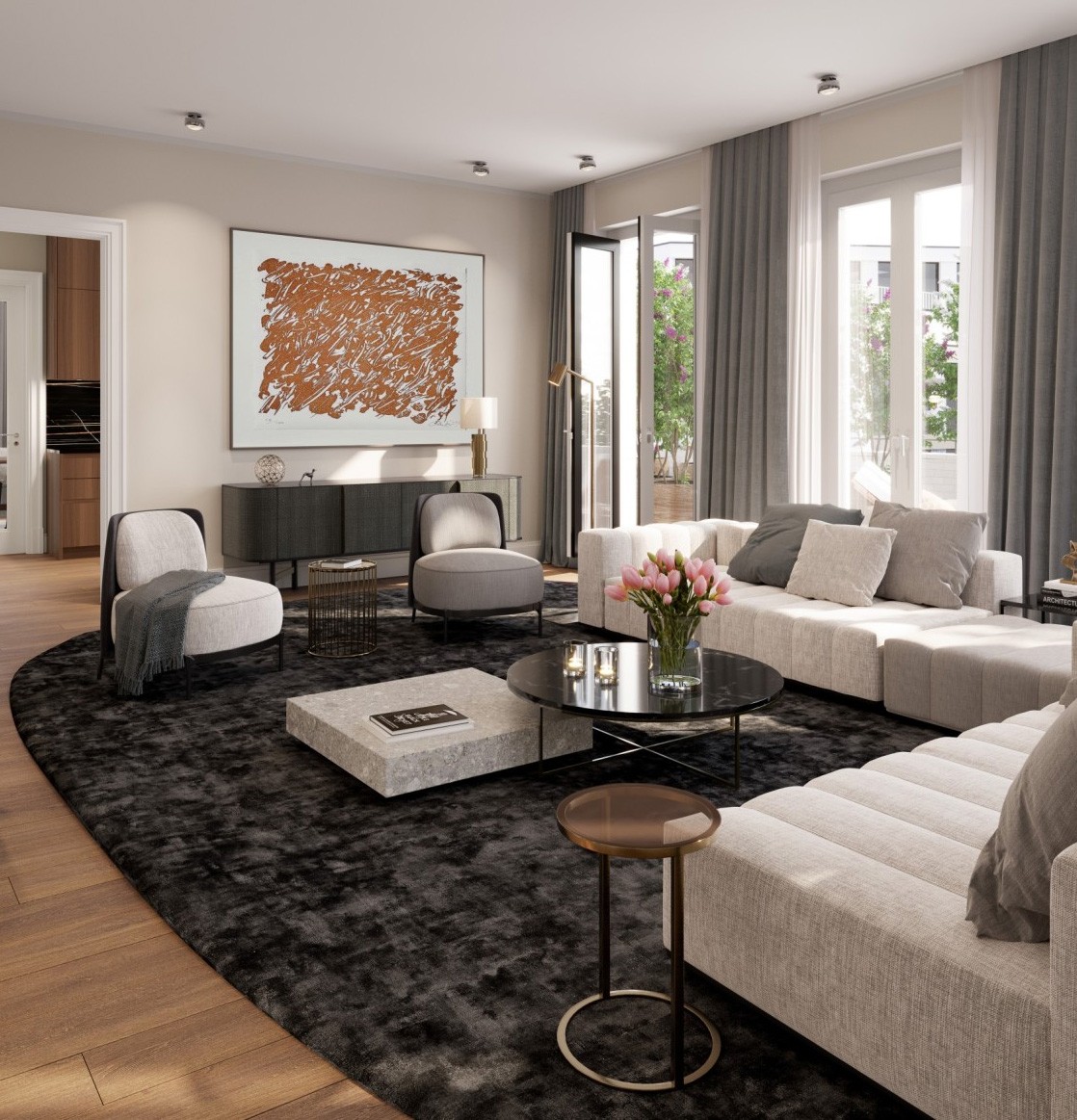 Visualisation of the living room of apartment 29 at SOPHIE