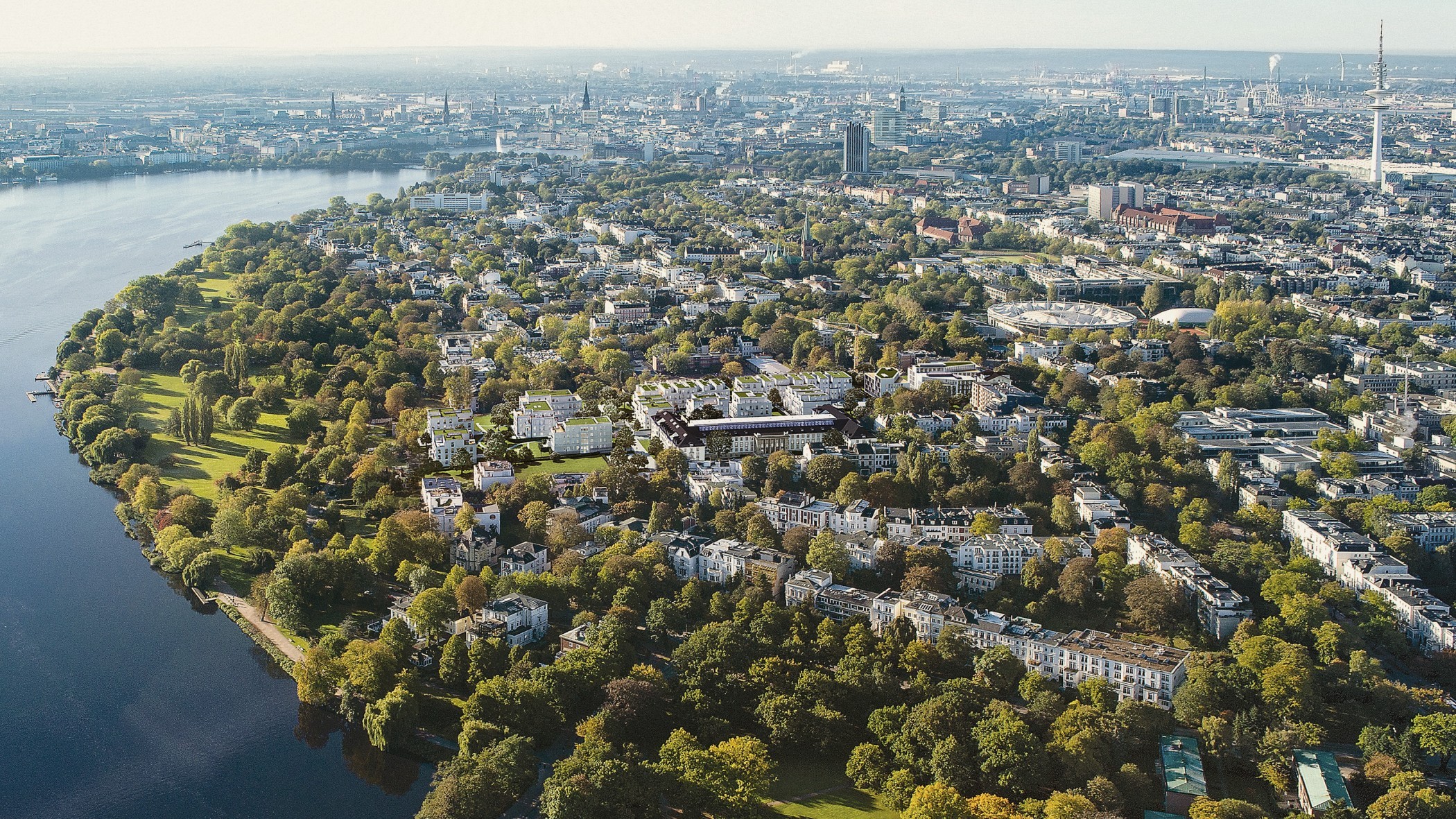 Aerial view of Harvestehude on the Outer Alster