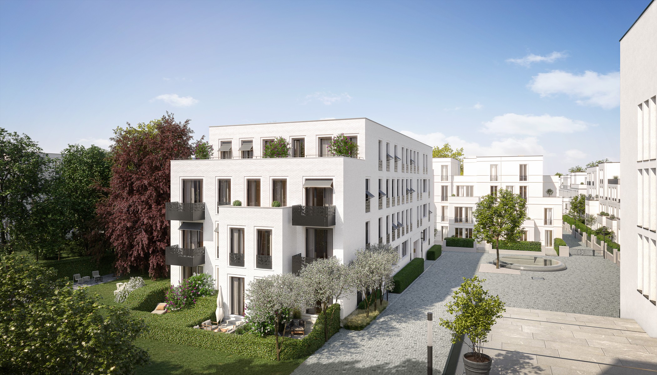 Visualisation of SOPHIE with gardens and a view of the Sophienterrassen square