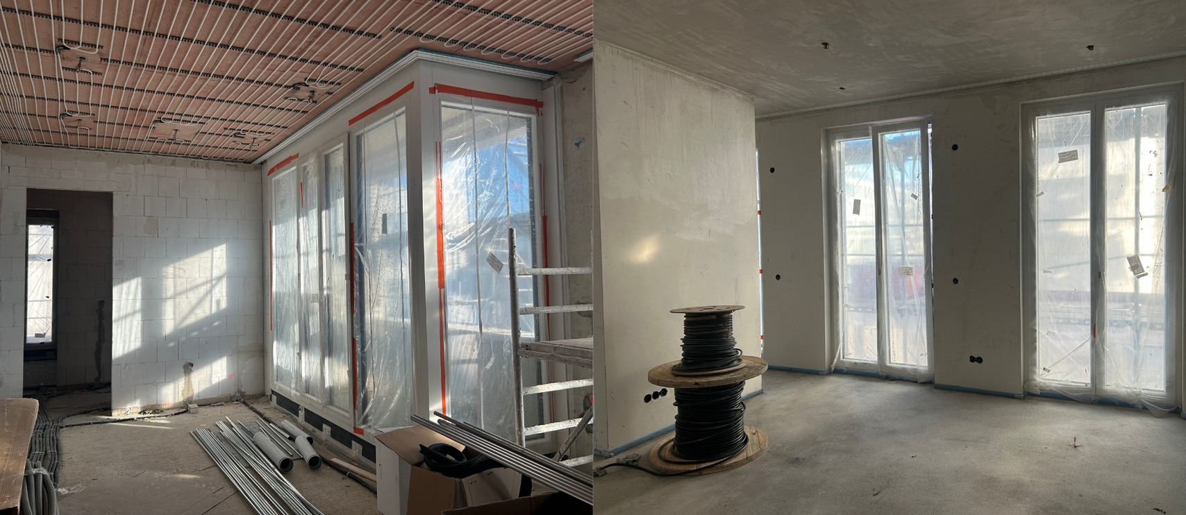 Baustellenbild einer lichtdurchfluteten Wohnung mit bodentiefen Fenstern