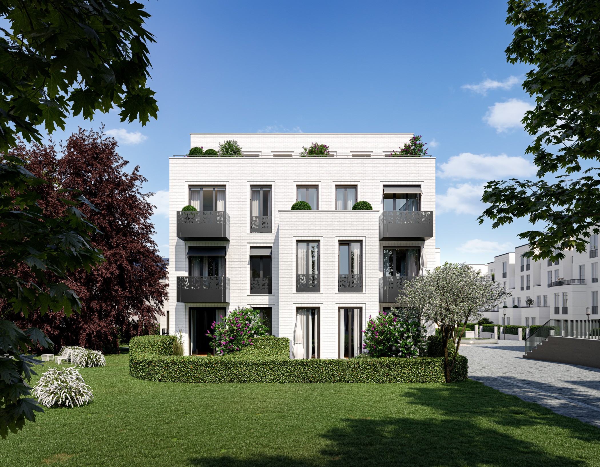 3D visualisation of SOPHIE from the garden side with lawn and hedges